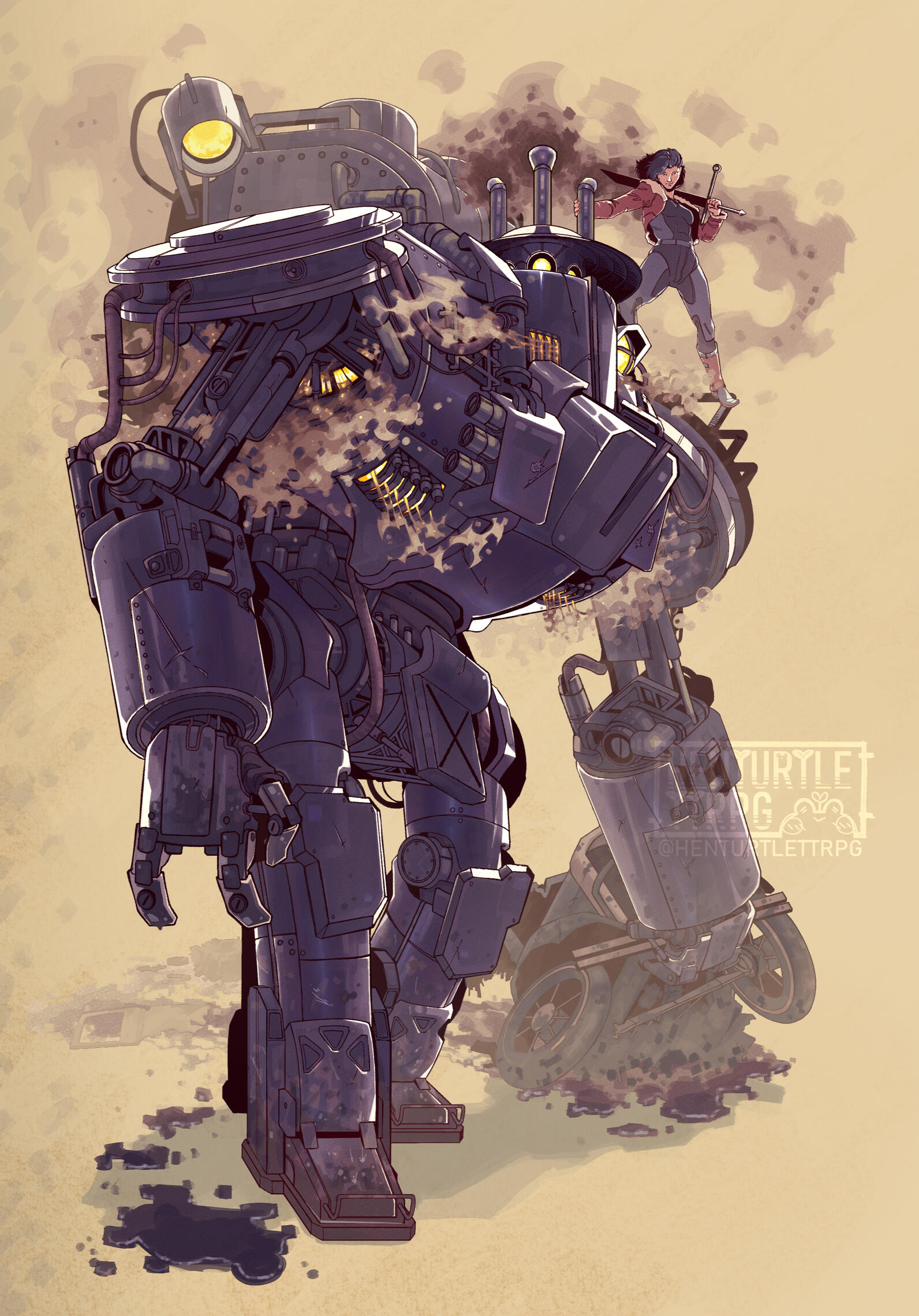 A Large Industrial Mech carrying half of a car in its hand behind it. The Mech has a very industrial and old aesthetic, with elements that resemble parts of old Steam Trains, Cars and more, with plenty of visible pistons, cables and tubes, separate pieces
